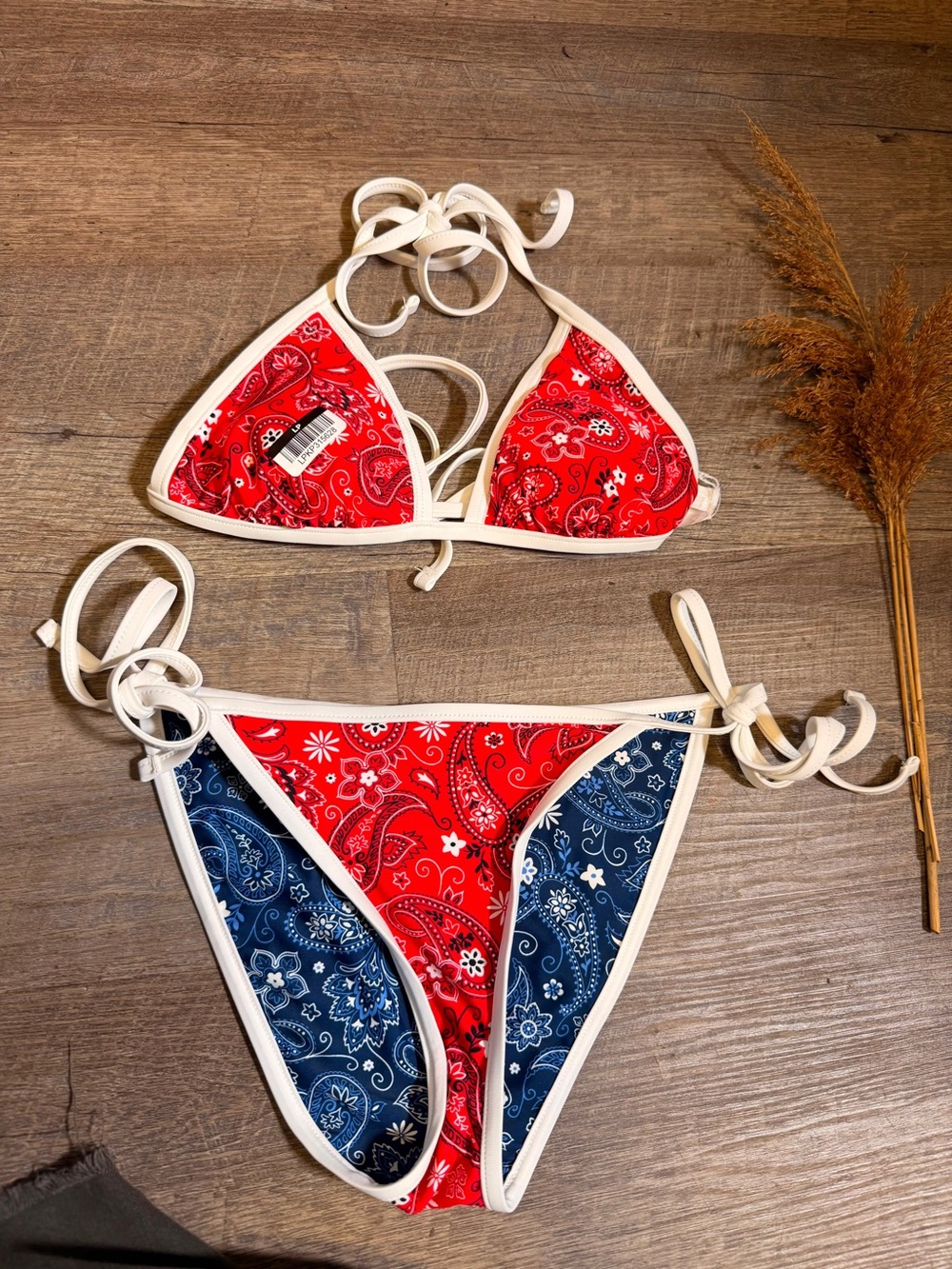 Women’s Red & Navy Bandana Print Tie Bikini - Unbranded